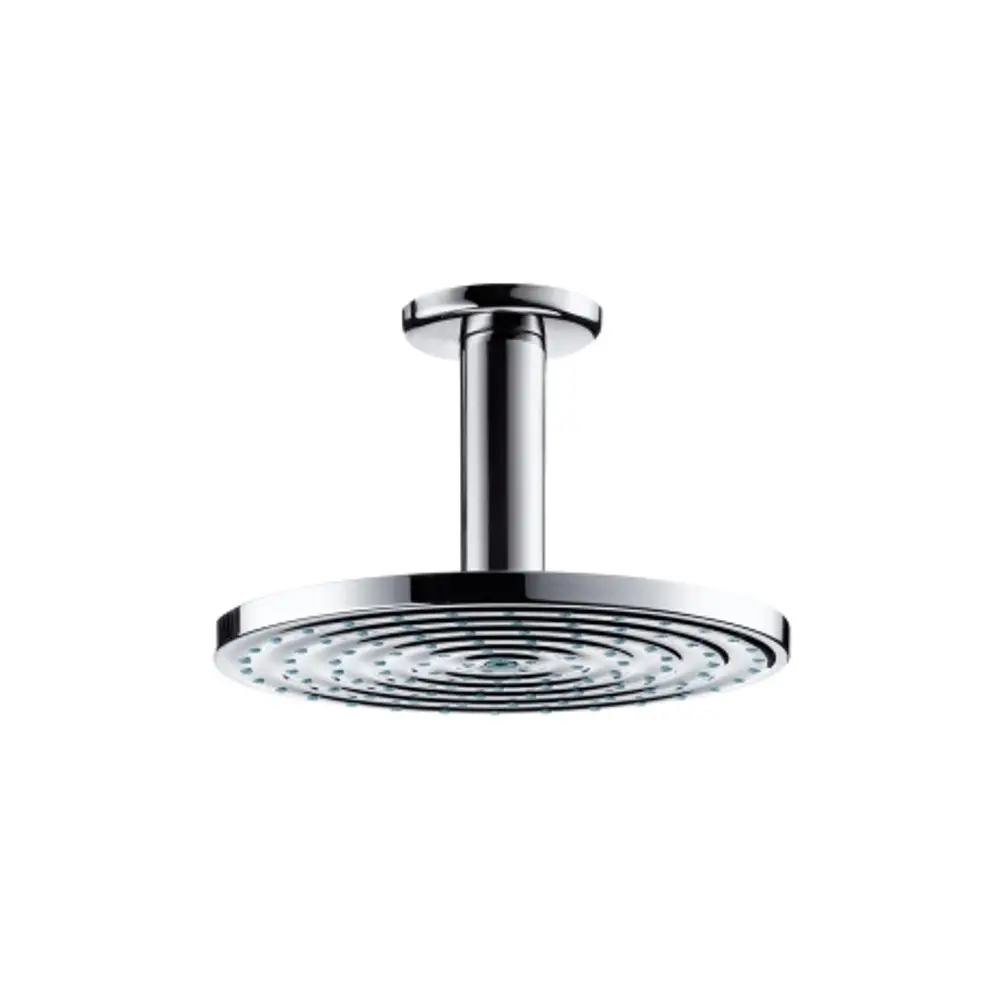 Deckenmontierte Kopfbrause in Chrom von Hansgrohe, mit einem runden, flachen Design und spiralförmiger Düsenausführung.